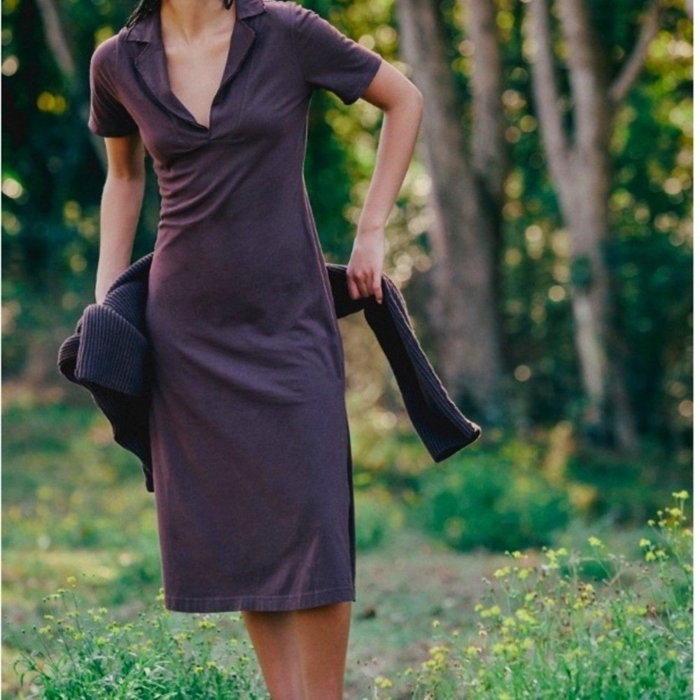 Free People Free-Est Mira Brown Cotton Polo Midi Dress V-Neck Short Sleeve Med